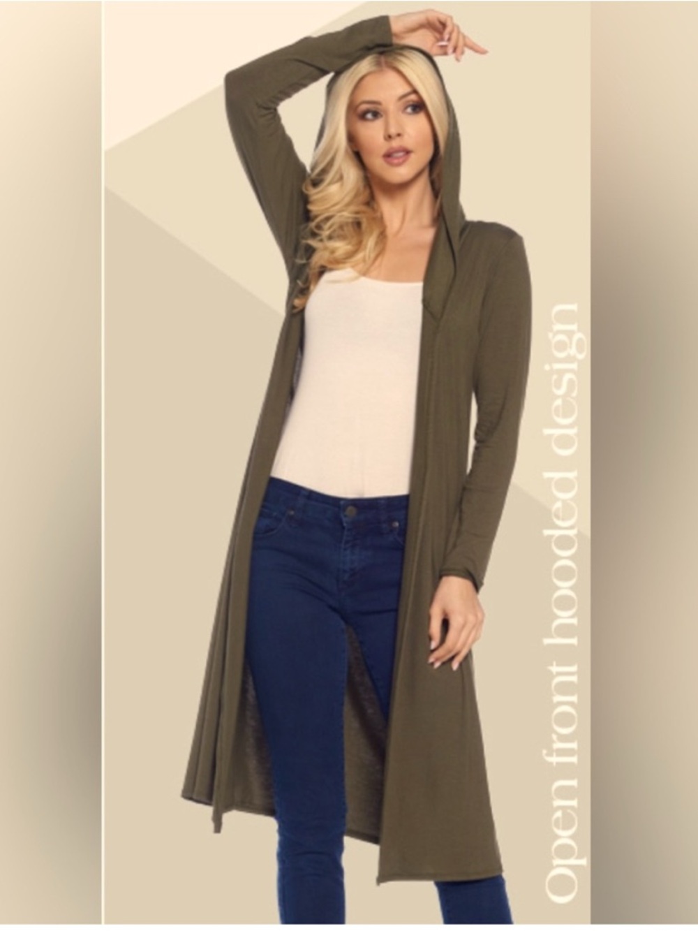 Isaac Liev Long Open-Front Women's Cardigan Sweater in Olive